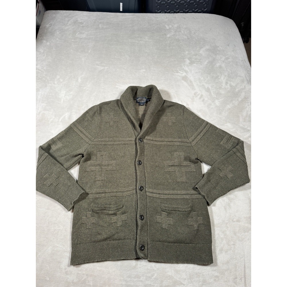 Pendelton Cross Motif Cardigan Mens Size Large Green Cotton MINT
